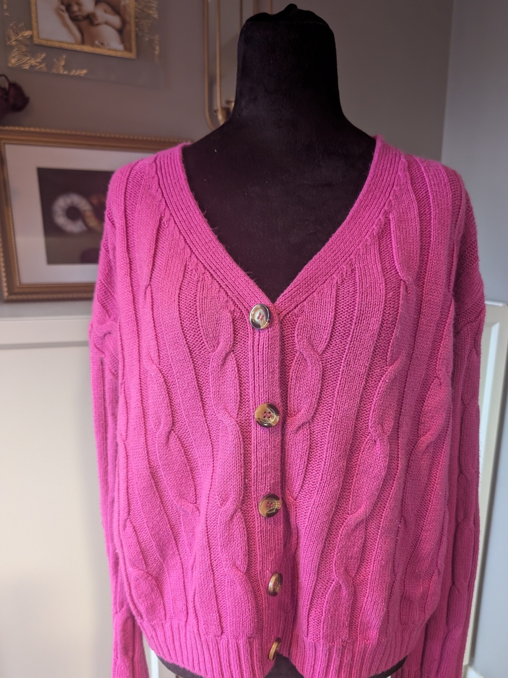 Women's Cable Knit V-Neck Cardigan - Pink